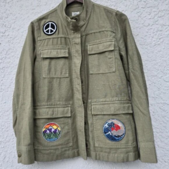 J. Crew Olive Green Utility Jacket with Patches – Peace Sign, Mountain, SizeM - Picture 1 of 8